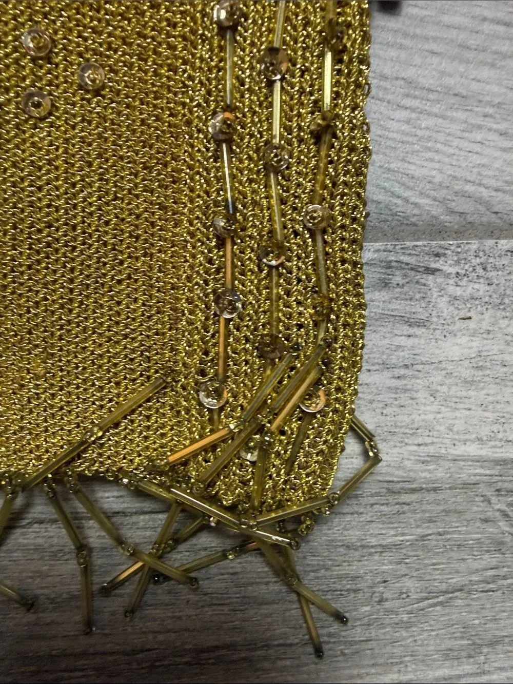 Vintage Gold Beaded Evening Bag with Fringe and Diamond Accented Snap Closure